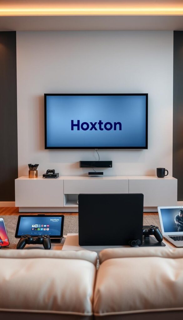 A modern and sleek living room with a large wall-mounted TV. The TV is surrounded by various electronic devices including a smartphone, tablet, laptop, and gaming console, all connected to the Hoxtoon Provider service. The room is well-lit with soft, warm lighting, creating a cozy and inviting atmosphere. The devices are arranged in a visually appealing manner, showcasing the seamless multi-device compatibility of the Hoxtoon Provider platform. The overall scene conveys a sense of technological integration and entertainment versatility.