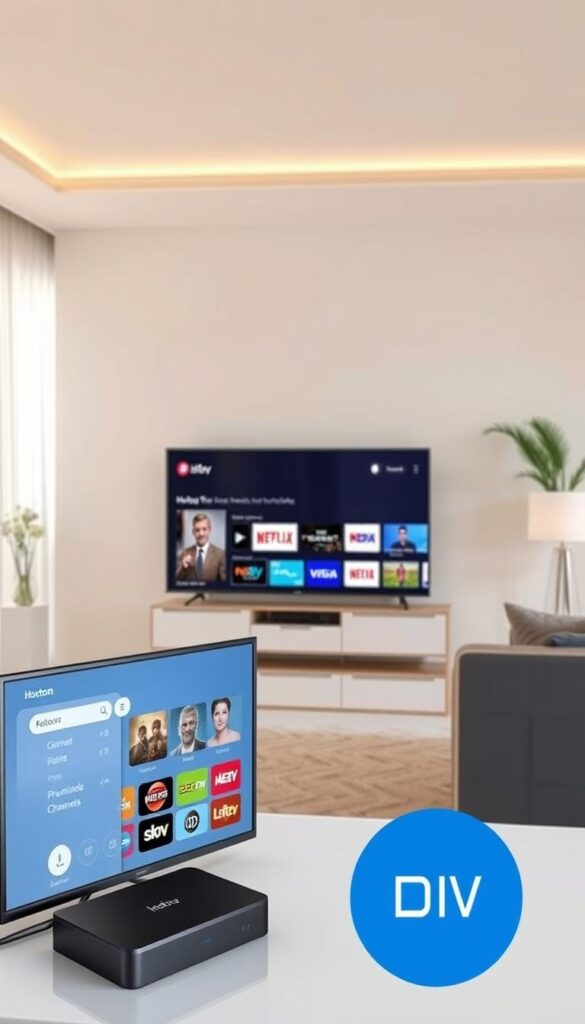 A modern and sleek setup guide for the Hoxtoon Provider IPTV service. In the foreground, a high-resolution display showcases the Hoxtoon app interface, its intuitive menu structure, and a wide selection of premium channels. In the middle ground, a minimalist entertainment system with a streaming device, remote control, and clean cable management. The background features a minimalist home entertainment space with neutral tones, soft lighting, and subtle textures, creating a cozy and inviting atmosphere. The overall composition emphasizes the ease of Hoxtoon IPTV setup and the vast entertainment options it provides.