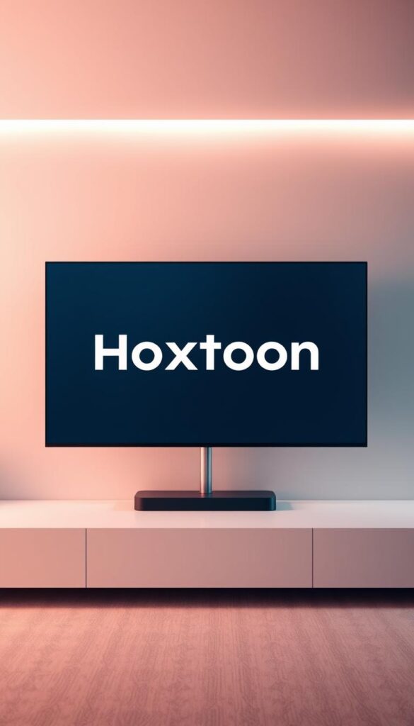 A modern and sophisticated IPTV service provider, the Hoxtoon Provider offers a vast array of high-definition channels and on-demand content. Set against a sleek, minimalist backdrop, the Hoxtoon logo stands out prominently, showcasing its brand identity. The image should convey a sense of technological innovation, reliability, and a premium user experience. Utilize a soft, warm lighting to create a inviting and visually appealing atmosphere. Capture the service's comprehensive library of entertainment options through a dynamic, cinematic composition that highlights the service's breadth and quality.