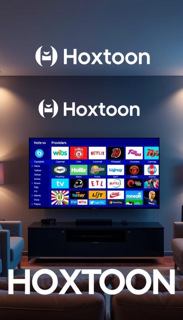 A modern and sophisticated IPTV service with a sleek user interface, displaying a wide selection of live TV channels, on-demand content, and premium sports channels. The image features the Hoxtoon Provider brand prominently, with its logo and branding elements integrated seamlessly into the design. The scene depicts a living room setting, with a large TV screen showcasing the Hoxtoon IPTV platform in action, surrounded by high-quality furniture and lighting that creates a warm, inviting atmosphere. The overall composition conveys a sense of reliability, quality, and user-friendliness, making it an ideal choice for US viewers seeking a comprehensive and dependable IPTV solution.