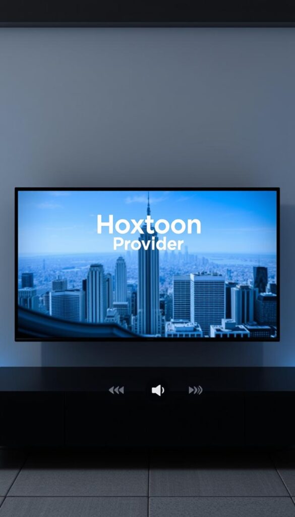 A modern and user-friendly OTT IPTV solution interface, showcasing the Hoxtoon Provider brand prominently displayed in the center. The foreground features a minimalist, responsive design with clean lines, intuitive navigation menus, and customizable content tiles. The middle ground depicts a sleek, high-definition video player with seamless playback controls. In the background, a subtle cityscape or abstract pattern creates a sense of depth and sophistication. The overall atmosphere conveys a premium, cutting-edge experience for the discerning OTT viewer.