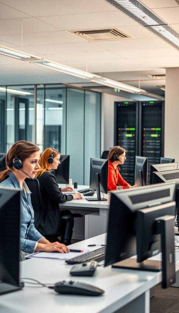 A modern and well-equipped call center, staffed by knowledgeable and friendly customer service representatives, sits at the heart of Hoxtoon Provider's reliable IPTV service. The office space is brightly lit, with natural light streaming through large windows and sleek, ergonomic workstations arranged in an efficient layout. In the background, a server room hums with the steady operation of the robust technology infrastructure, ensuring seamless content delivery and minimal downtime. The scene conveys a sense of professionalism, attention to detail, and a genuine commitment to customer satisfaction.