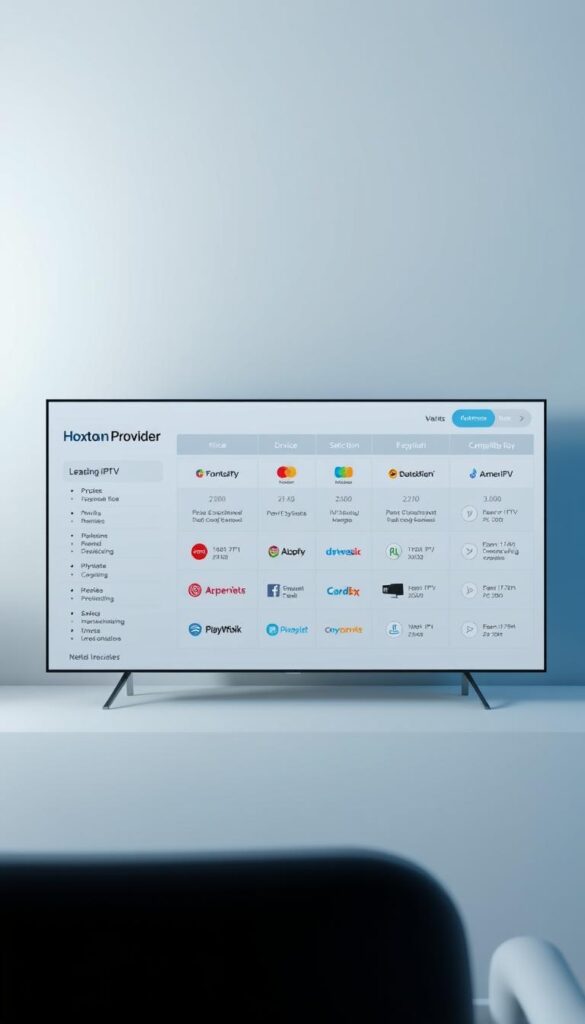 A modern, clean comparison of leading IPTV services, displayed on a sleek, minimalist dashboard. In the foreground, a side-by-side view of the Hoxtoon Provider logo and other reputable IPTV brands, each with concise details on pricing, channel selection, and device compatibility. The middle ground features a grid of service icons, icons, and data visualizations, allowing easy comparison. The background is a gradient of calming blues and grays, creating a professional, authoritative atmosphere. Lighting is soft and directional, highlighting the key information. The overall composition conveys an objective, well-researched analysis of the IPTV market landscape.