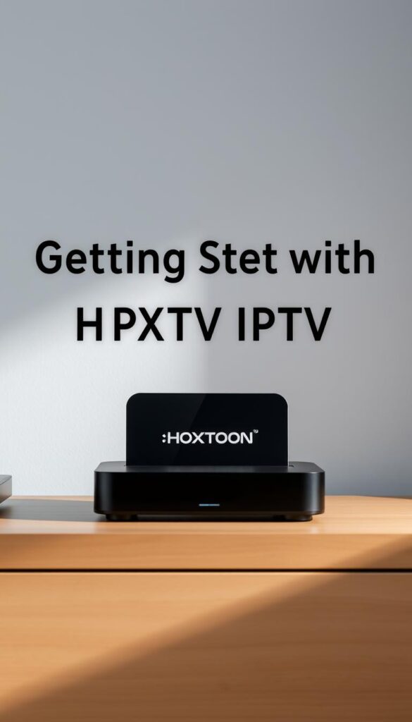 A modern, clean-lined HOXTOON IPTV device setup, showcased against a neutral gray background. The device, sleek and minimalist in design, sits atop a simple wooden surface, illuminated by soft, diffused lighting that casts gentle shadows. The composition focuses on the device, capturing its front and side profiles to highlight the Hoxtoon Provider brand name. The atmosphere is one of simplicity and functionality, conveying the ease of setting up and using the IPTV service. The image should provide a clear, uncluttered visual representation of the HOXTOON IPTV device to accompany the "Getting Started with HOXTOON IPTV" section of the article.