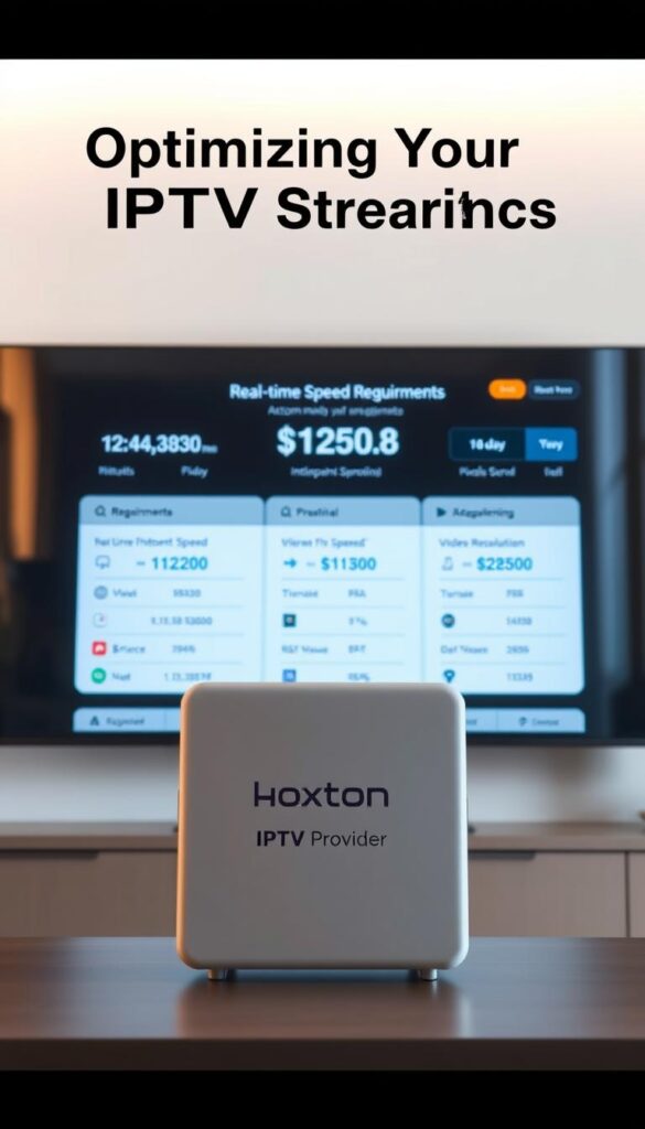 A modern digital dashboard displaying real-time IPTV streaming speed requirements, with a sleek and minimalist design. The dashboard showcases essential metrics such as recommended internet speed, video resolution, and bitrate for optimal IPTV viewing experience. In the foreground, the Hoxtoon Provider logo stands prominently, highlighting the service's commitment to delivering high-quality IPTV streaming. The overall scene is lit by a soft, natural lighting, creating a calm and informative atmosphere, suitable for the "Optimizing Your IPTV Streaming Experience" section of the article.