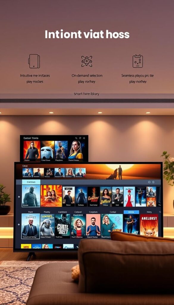 A modern digital living room with a large, high-definition TV screen displaying the key features of a Hoxtoon Provider IPTV catch up service. The foreground showcases intuitive menu interfaces, on-demand content selections, and seamless playback controls. The middle ground features an array of popular TV shows and movies, indicating the breadth of the Hoxtoon catch up library. The background setting is a warm, cozy environment with subtle lighting and hints of smart home integration, conveying the convenience and immersion of the IPTV experience. The overall tone is sleek, contemporary, and tailored to the needs of the discerning US consumer.