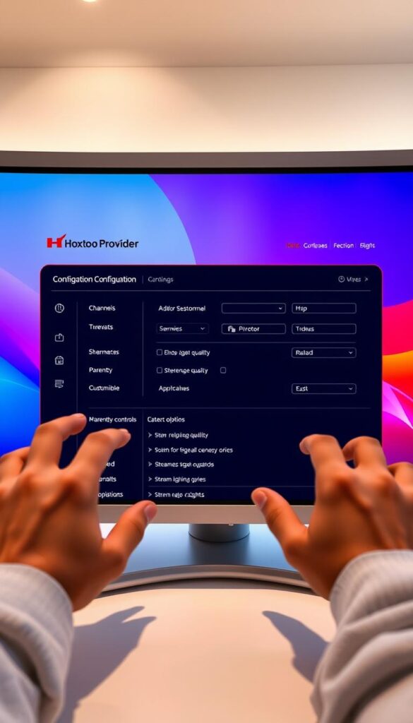 A modern, futuristic computer interface showing the Hoxtoon Provider IPTV configuration settings. The screen displays various options and menus for setting up channels, streaming quality, parental controls, and other customizable options. The interface has a sleek, minimalist design with pops of vibrant color. The user's hands are visible, manipulating the touchscreen controls. Soft, indirect lighting creates a warm, inviting atmosphere. The overall impression is of a sophisticated, user-friendly IPTV system that is easy to navigate and configure.