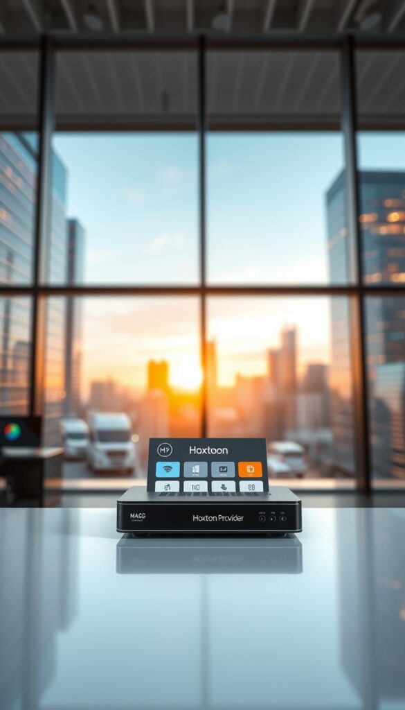 A modern, high-tech IPTV setup with a sleek Mag box in the foreground, displaying the Hoxtoon Provider interface. The box sits on a clean, minimalist desk against a backdrop of blurred, futuristic cityscapes through large windows, bathed in warm, natural lighting. The scene conveys a sense of legality, security, and professionalism, reflecting the legal considerations for IPTV services in the USA.