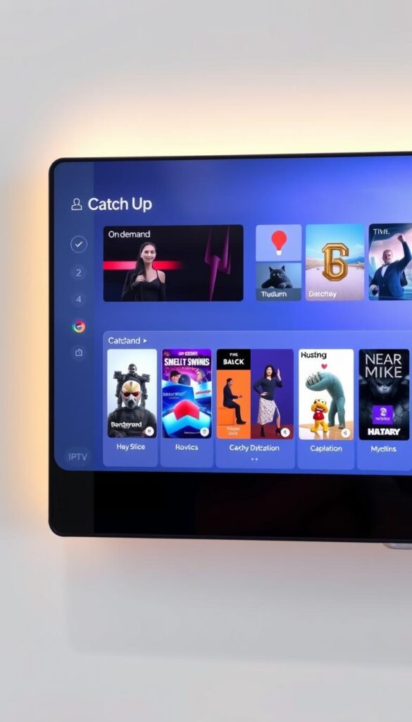 A modern, high-tech control panel interface showcasing the "Catch Up" feature on the "Hoxtoon Provider" IPTV service. The display features a clean, minimalist design with intuitive controls and a well-organized menu system. The interface has a sleek, futuristic aesthetic with a subtle, warm lighting scheme that creates a calming, inviting atmosphere. The screen displays a selection of popular on-demand shows and movies available for catch-up viewing, all rendered in crisp, high-definition detail. The entire scene is captured from a slightly elevated, frontal angle to emphasize the user-friendly nature of the interface.