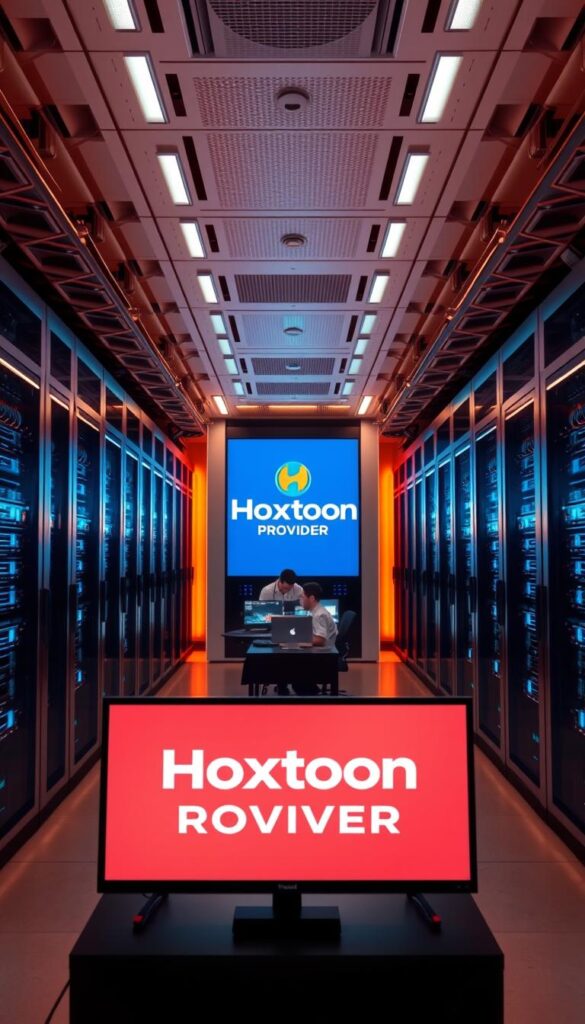 A modern, high-tech data center with rows of powerful servers and sleek, futuristic equipment. The center is bathed in a warm, inviting glow from the soft lighting, creating a sense of technological sophistication. In the foreground, a large display screen showcases the Hoxtoon Provider brand, its bold logo and vibrant colors standing out against the minimalist interior. The middle ground features technicians diligently monitoring the systems, their faces illuminated by the glow of computer screens. The background depicts a panoramic view of the expansive facility, emphasizing the scale and scope of Hoxtoon's operations. The overall atmosphere conveys a sense of reliability, efficiency, and cutting-edge technology, positioning Hoxtoon as a leading Arabic IPTV provider.