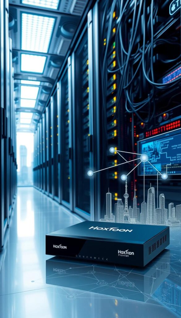 A modern, high-tech data center with rows of server racks, glowing displays, and complex cabling. In the foreground, a sleek IPTV set-top box with the Hoxtoon Provider logo prominently displayed. The box is connected to a high-definition display, showcasing the crisp, vibrant image quality of IPTV technology. The middle ground features a network diagram illustrating the flow of data between the Hoxtoon Provider's infrastructure and end-user devices. In the background, a cityscape with skyscrapers and communication towers, representing the ubiquity of internet-based entertainment services. The scene is bathed in a cool, futuristic lighting, conveying the cutting-edge nature of IPTV and OTT technologies.