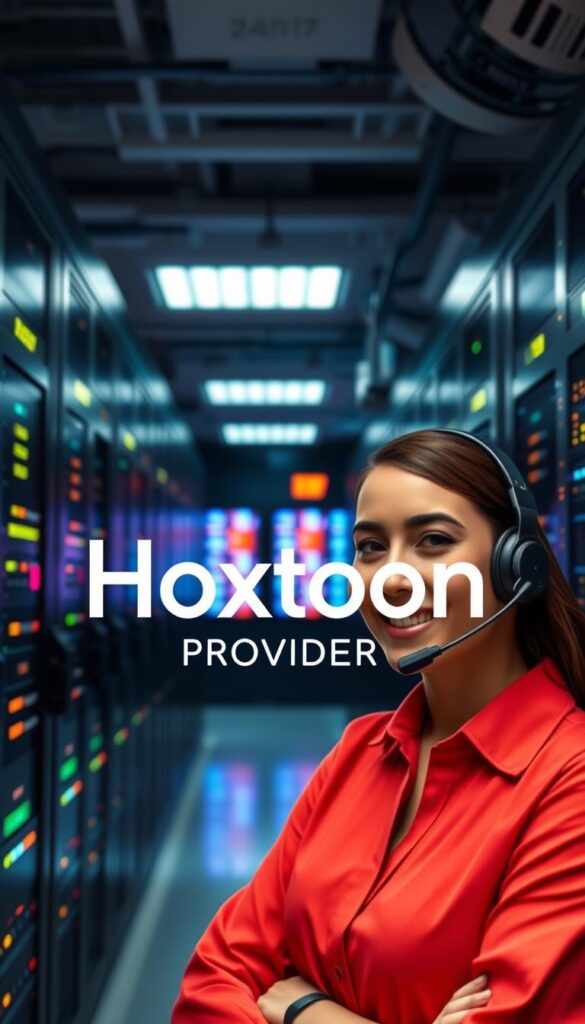 A modern high-tech data center with rows of servers, glowing control panels, and blinking lights. In the foreground, a customer service representative in a headset smiles warmly, ready to assist a Hoxtoon Provider customer. The atmosphere is one of efficiency, professionalism, and 24/7 availability. Soft, even lighting illuminates the scene, creating a sense of reliability and trustworthiness. The Hoxtoon Provider logo is prominently displayed, conveying the brand's commitment to premium IPTV services and exceptional customer support.