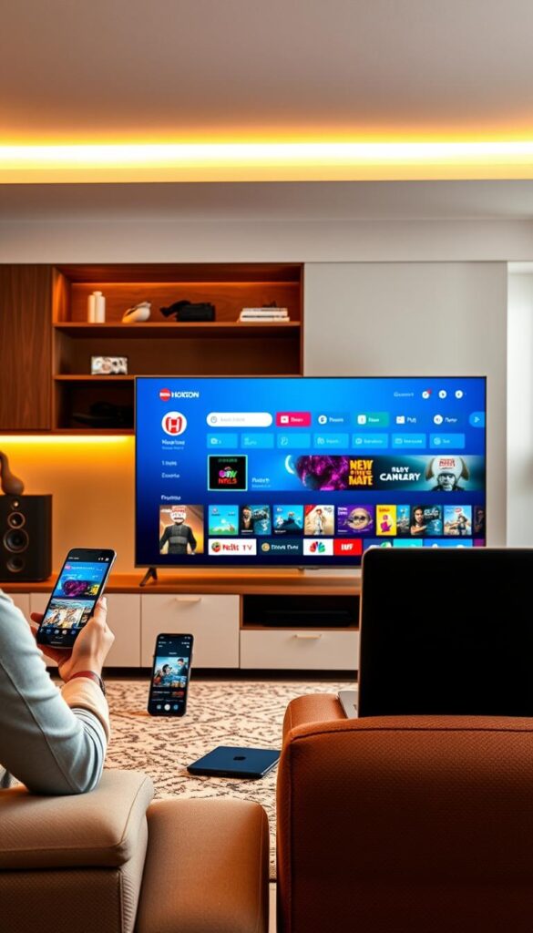 A modern, high-tech home entertainment setup featuring multiple devices seamlessly streaming an IPTV catch-up service. In the foreground, a sleek smart TV displays the Hoxtoon Provider interface, its clean UI and vivid colors inviting users to browse the extensive on-demand library. Surrounding it, a smartphone, tablet, and laptop showcase the multiplatform capabilities, allowing viewers to enjoy content anywhere. The middle ground is illuminated by warm, ambient lighting, creating a cozy, immersive viewing experience. In the background, a minimalist, contemporary interior design with clean lines and neutral tones provides a stylish, uncluttered backdrop, emphasizing the technology's integration into the home environment. The overall scene conveys the convenience, flexibility, and premium quality of the Hoxtoon Provider IPTV catch-up service across multiple devices.