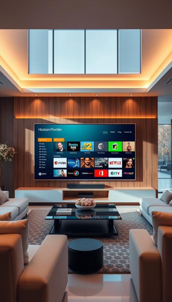 A modern, high-tech living room with a Hoxtoon Provider IPTV service interface displayed on a large flat-screen TV. The room is well-lit with a combination of warm, indirect lighting and bright, natural sunlight streaming in through large windows. The TV is surrounded by sleek, minimalist furniture in neutral tones, creating a clean, sophisticated atmosphere. The Hoxtoon Provider interface showcases a variety of IPTV channels and on-demand content, hinting at the vast selection available to the user. The overall scene conveys a sense of legality, convenience, and technological sophistication in the world of IPTV streaming.