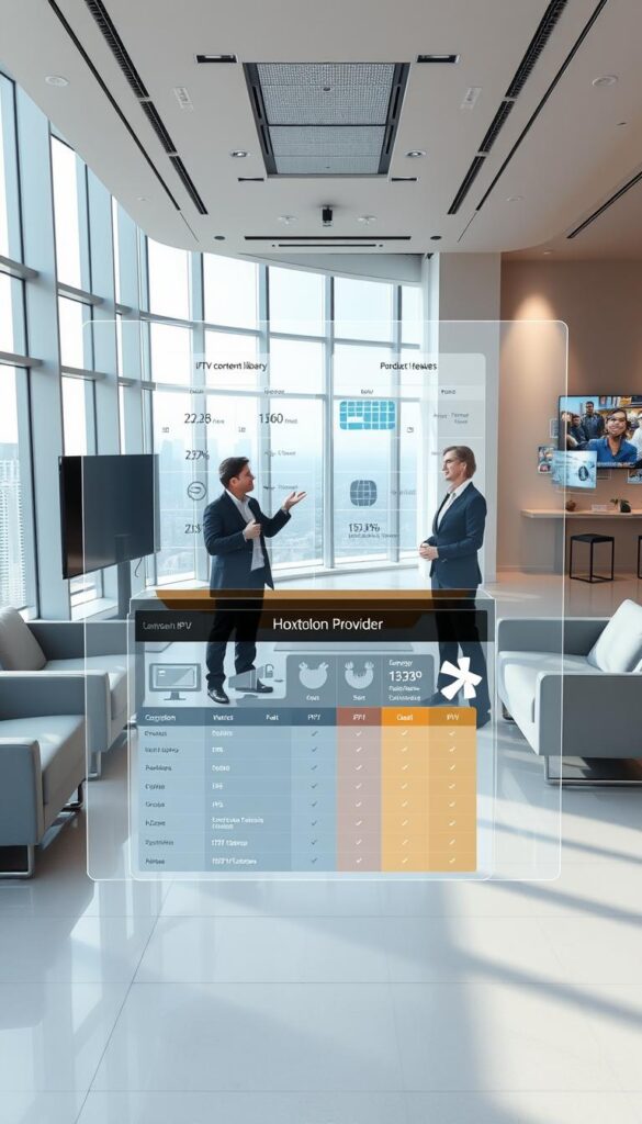 A modern, high-tech office space with sleek, minimalist furniture and floor-to-ceiling windows overlooking a cityscape. In the foreground, a large holographic display shows side-by-side comparisons of IPTV content libraries, with the Hoxtoon Provider brand prominently featured. The display presents detailed statistics, charts, and product features in a clean, data-driven layout. In the middle ground, two professionals in business attire discuss the comparisons, gesturing towards the holographic display. The background features additional holographic interfaces and digital displays, creating an atmosphere of advanced technology and innovation.