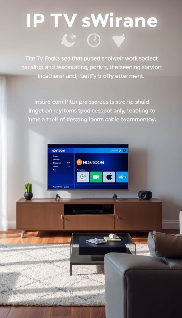 A modern home entertainment center showcasing a variety of IPTV provider options, including the Hoxtoon Provider. The setup features sleek, minimalist devices and a high-tech display, conveying the reliability and accessibility of these streaming services. Soft, natural lighting illuminates the scene, creating a warm and inviting atmosphere. The arrangement suggests the effortless integration of IPTV into a contemporary living space, highlighting its superiority over traditional cable TV.