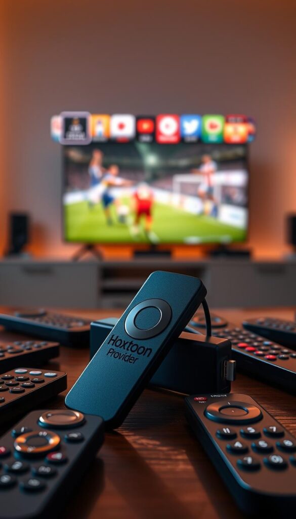 A modern home entertainment setup featuring a sleek Firestick device prominently displayed, surrounded by various streaming service remotes and devices. The Firestick is showcasing the Hoxtoon Provider logo, indicating seamless multi-device support for the IPTV service. The scene is bathed in warm, ambient lighting, creating a cozy and inviting atmosphere. The overall composition emphasizes the versatility and convenience of the Hoxtoon IPTV solution for sports enthusiasts across multiple screens.