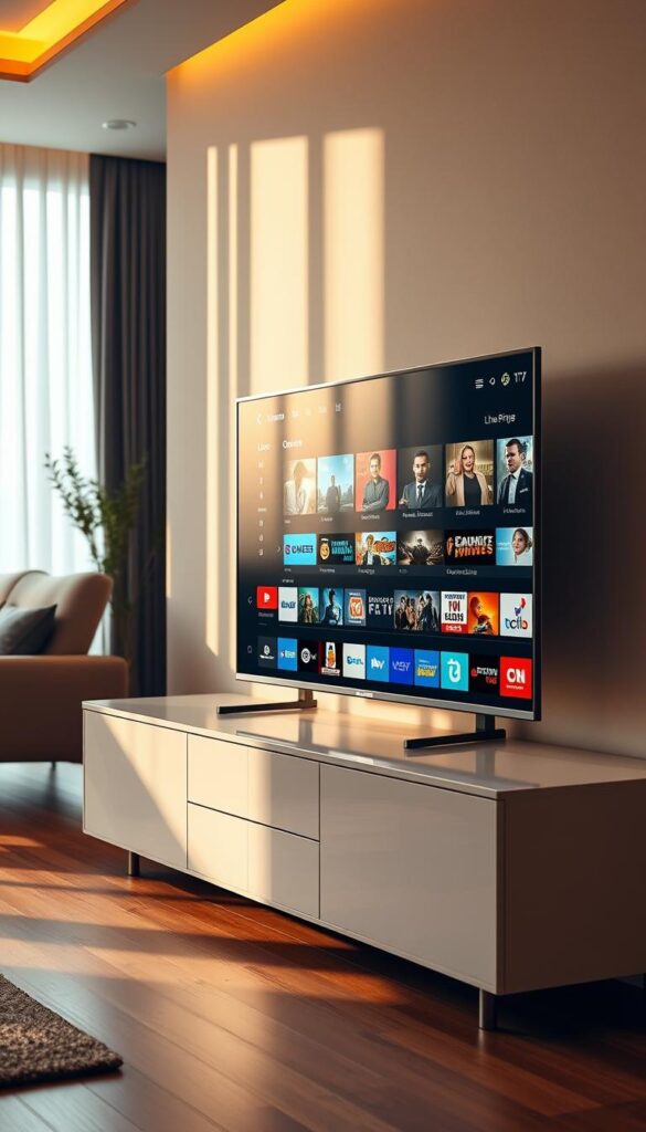 A modern home entertainment setup with a sleek and minimalist TV display showcasing the Hoxtoon Provider IPTV service. The TV screen depicts various streaming content options, from live TV channels to on-demand movies and shows. The setup is complemented by a modern, high-end media console with clean lines and a subtle ambient lighting scheme, creating a sophisticated and immersive viewing experience. The room is bathed in warm, natural light, reflecting the premium and cutting-edge nature of the IPTV technology. The overall composition conveys the convenience, flexibility, and endless entertainment possibilities of the Hoxtoon Provider IPTV streaming service.