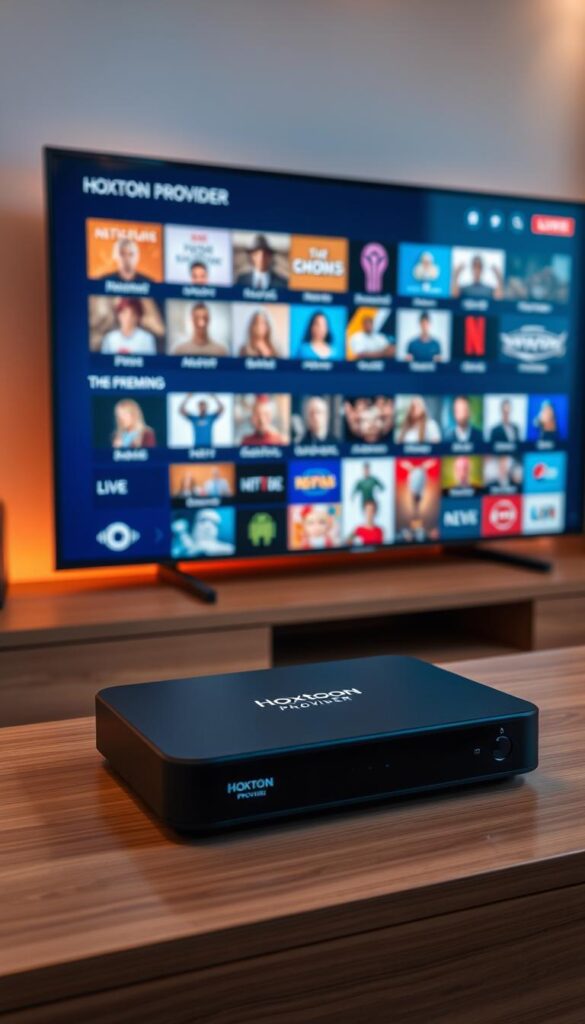 A modern home entertainment setup with a sleek, black IPTV set-top box placed prominently on a minimalist, wooden TV stand. The box displays the Hoxtoon Provider logo, indicating a premium IPTV subscription service. Soft, ambient lighting casts a warm glow, creating a cozy and inviting atmosphere. In the background, a large, high-definition TV screen showcases a diverse array of live channels, hinting at the breadth of content available through the IPTV service. The entire scene conveys a sense of convenience, connectivity, and the future of home entertainment.