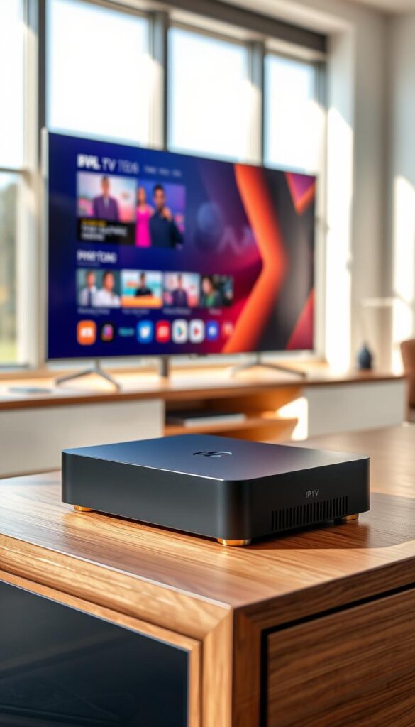 A modern home entertainment setup with a sleek, minimalist Hoxtoon Provider IPTV box prominently displayed on a wooden entertainment center. The box emits a soft, ambient glow, creating a warm and inviting atmosphere. In the background, a large flat-screen TV displays crystal-clear, buffer-free video content, showcasing the exceptional streaming capabilities of the Hoxtoon IPTV service. Sunlight filters in through large windows, casting a natural, even lighting across the scene. The overall composition conveys a sense of effortless, high-quality entertainment in a comfortable, well-designed living space.