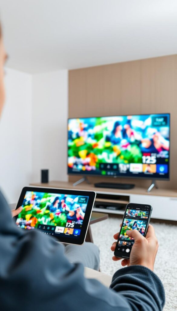 A modern home entertainment setup with multiple devices seamlessly connected to the Hoxtoon Provider IPTV service. In the foreground, a sleek Smart TV displays vivid, high-definition content. In the middle ground, a tablet and a smartphone effortlessly stream the same media, showcasing the multi-device compatibility. The background features a minimalist, well-lit interior design, creating a cozy and immersive viewing experience. The lighting is natural and diffused, emphasizing the clarity and vibrancy of the IPTV visuals. The camera angle is slightly elevated, providing a comprehensive view of the interconnected devices and the harmonious integration of technology into the living space.
