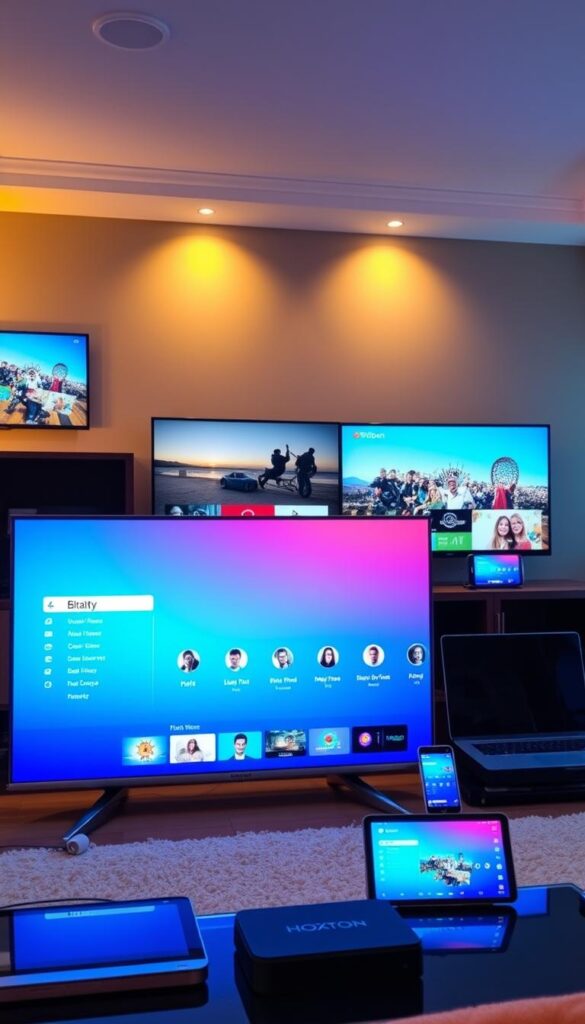 A modern home entertainment setup with the Hoxtoon Provider IPTV service displayed on multiple devices. In the foreground, a sleek 4K smart TV showcases the Hoxtoon interface, its clean UI and vibrant colors. Surrounding it, an array of other devices - a tablet, a smartphone, a laptop, and a streaming box - all connected and synced, highlighting the multi-device support. The scene is illuminated by warm, ambient lighting, creating a cozy, inviting atmosphere. The devices are arranged in a visually appealing, symmetrical composition, emphasizing the seamless integration of the Hoxtoon IPTV experience across the user's entire digital ecosystem.