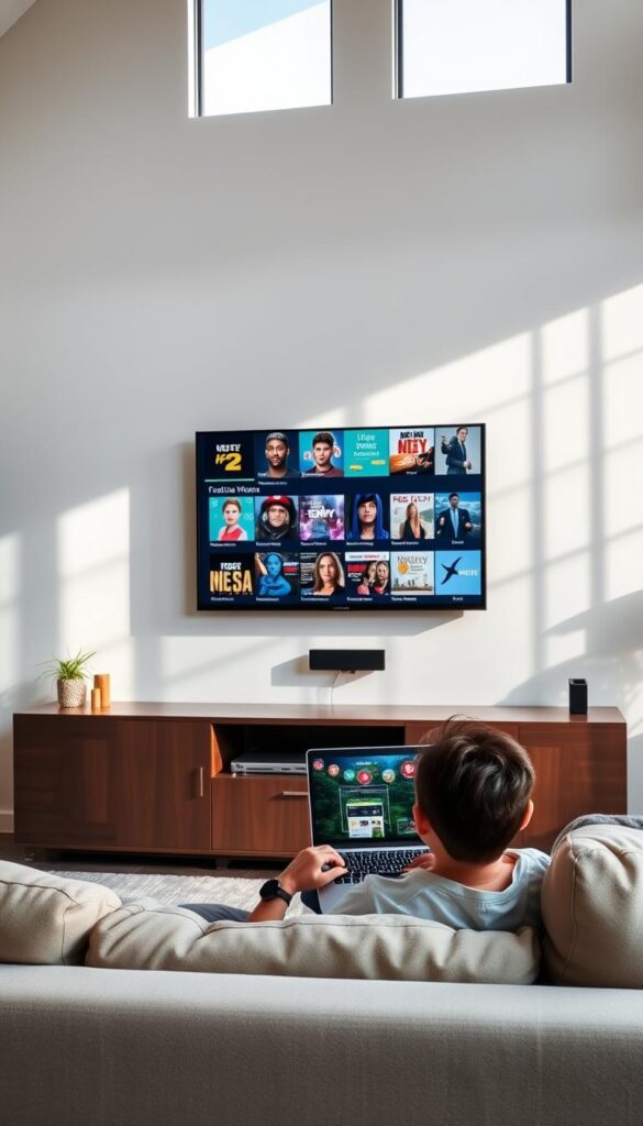 A modern home living room with a large flat-screen TV mounted on the wall. The room is well-lit, with natural sunlight streaming in through large windows. In the foreground, a person is seated on a comfortable couch, laptop open, intently engaged in online streaming on the Hoxtoon Provider platform. The TV screen displays a diverse range of content, including movies, TV shows, and live channels. The atmosphere is relaxed and inviting, conveying the convenience and enjoyment of HOXTOON's vast content library.