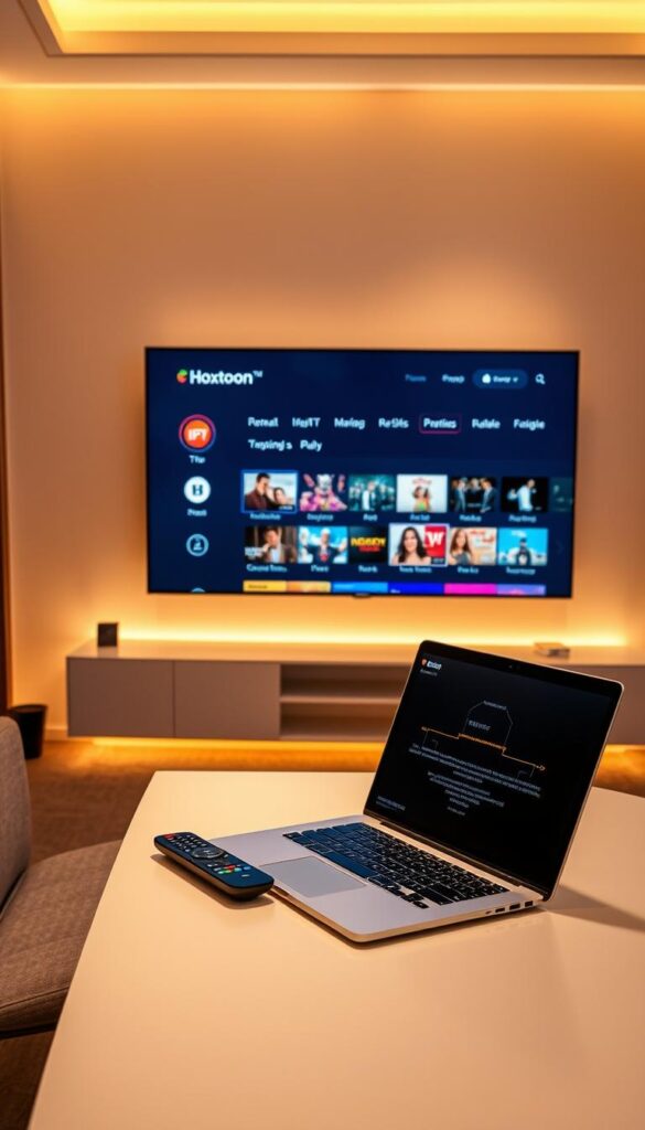 A modern home office setup with a laptop, remote control, and a large TV screen displaying the Hoxtoon Provider IPTV service interface. The room is well-lit with warm, indirect lighting, creating a cozy and inviting atmosphere. The laptop and remote control are positioned on a sleek, minimalist desk, suggesting a seamless and user-friendly IPTV experience. The TV screen showcases a variety of content options, hinting at the wide range of entertainment available through the Hoxtoon IPTV service.