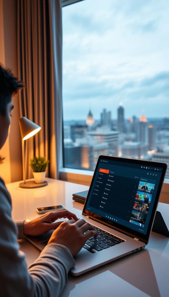 A modern home office setup, with a person sitting at a desk in front of a laptop, opening the Hoxtoon Provider IPTV app. The room is well-lit, with a large window overlooking a cityscape in the background. Soft, warm lighting illuminates the desk, creating a cozy, productive atmosphere. The laptop screen displays the Hoxtoon Provider interface, with various IPTV channels and options readily available. The person's hands are positioned on the keyboard, ready to navigate the app and set up the IPTV service.