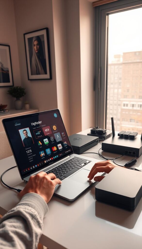 A modern home office setup with an open laptop displaying the Hoxtoon Provider IPTV subscription interface. The user's hands are visible, interacting with the laptop controls. The room is bathed in warm, diffused lighting from a large window, creating a cozy atmosphere. On the desk, a sleek router and various networking equipment are neatly organized, suggesting a well-planned and efficient IPTV setup. The walls are adorned with minimalist artwork, complementing the professional yet inviting ambiance. The overall scene conveys the ease and convenience of setting up a premium IPTV service like Hoxtoon Provider.