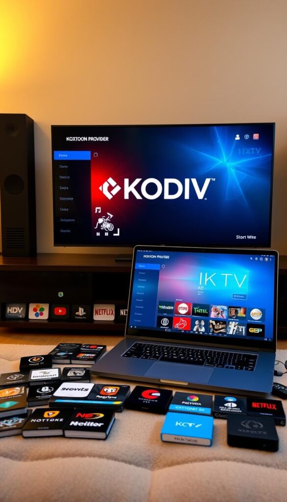 A modern home theater setup with a laptop running Kodi, an IPTV service provider like Hoxtoon Provider displayed on the screen, and a variety of Kodi add-ons surrounding it. The add-ons cover diverse categories such as live TV, on-demand content, sports, and more, highlighting the versatility of the Kodi platform. The scene is bathed in a warm, cozy lighting, creating a inviting atmosphere for media consumption. The composition emphasizes the integration of Kodi and IPTV, showcasing how they complement each other to enhance the home entertainment experience.