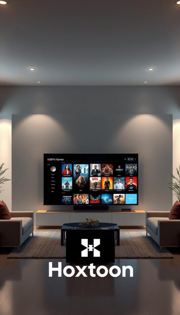 A modern, immersive home entertainment system featuring the Hoxtoon Provider VOD library. In a spacious, minimalist living room, a large, high-definition TV screen displays a captivating selection of movies and shows, all seamlessly accessible through a sleek, intuitive interface. Soft, indirect lighting casts a warm, inviting glow, creating a cozy atmosphere perfect for relaxing and enjoying the ultimate on-demand viewing experience. The room is tastefully decorated with contemporary furnishings, drawing the eye toward the impressive media display. The Hoxtoon Provider logo stands prominently, signifying the premium quality and extensive content of this top IPTV service.