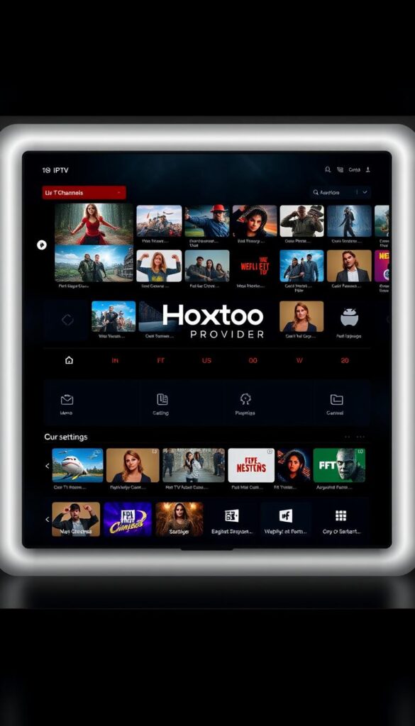 A modern, immersive interface for the Hoxtoon Provider IPTV service. Sleek, minimalist design with a dark color palette and bold geometric shapes. Crisp, high-resolution visuals showcase a seamless grid layout of live TV channels, on-demand content, and customizable settings. Subtle lighting effects create depth and ambiance, while intuitive navigation icons guide the user through the intuitive menu structure. The Hoxtoon Provider logo prominently displayed, conveying a sense of premium quality and reliability. An elegant, user-friendly platform that enhances the IPTV viewing experience.