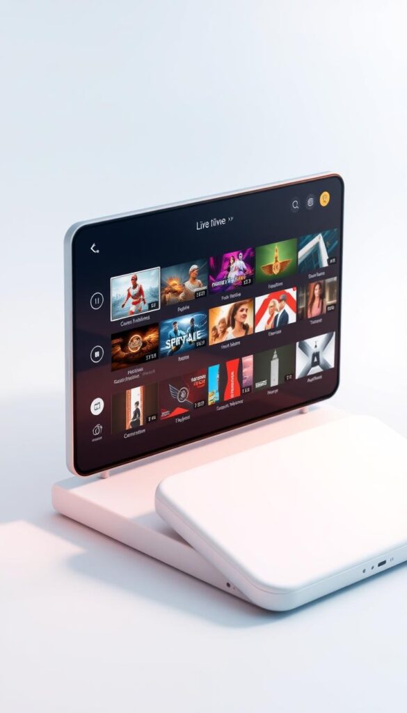 A modern, intuitive interface of the IPTV Smarters Pro app by Hoxtoon Provider, showcasing a clean and visually appealing design. The screen displays a grid of live TV channels, with clear icons and labels, allowing seamless navigation. The overall layout is well-organized, with a minimalist color scheme and subtle gradients, creating a sophisticated and user-friendly experience. The app interface is presented in a realistic 3D environment, with soft lighting and a slight camera angle to provide depth and perspective. The resulting image should capture the revolutionary nature of the IPTV Smarters Pro app, highlighting its cutting-edge features and exceptional usability.