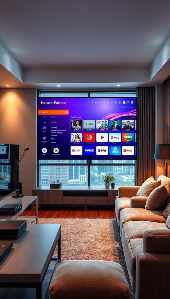 A modern living room interior with a large, flat-screen TV displaying the Hoxtoon Provider IPTV interface. The room is well-lit with a mix of natural and artificial lighting, creating a warm and inviting atmosphere. In the foreground, a sleek and minimalist media console holds various IPTV streaming devices. The middle ground features comfortable seating, like a plush sofa and armchair, arranged to create an optimal viewing experience. The background showcases a large window overlooking a cityscape, emphasizing the integration of IPTV technology into contemporary home design.
