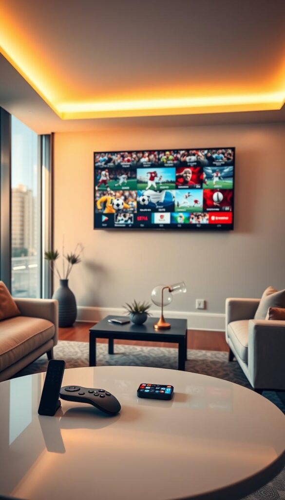 A modern living room interior with a large flatscreen TV mounted on the wall, displaying multiple sports channels in a seamless grid-like layout. The room is bathed in warm, ambient lighting, creating a cozy and inviting atmosphere. In the foreground, a sleek and minimalist coffee table with a Hoxtoon Provider remote control and a smartphone, suggesting the multi-device compatibility of the service. The middle ground features comfortable sofas and armchairs, encouraging a relaxed viewing experience. The background showcases large windows, letting in natural light and providing a glimpse of a vibrant cityscape outside, reinforcing the idea of enjoying sports entertainment from anywhere.