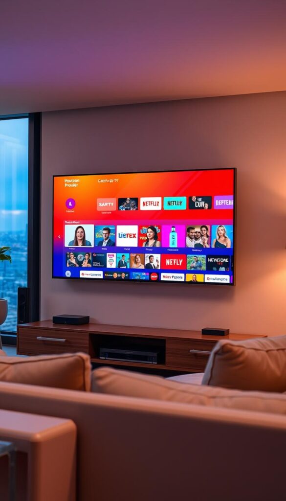 A modern living room interior with a large flatscreen TV on the wall. The TV displays a vibrant, colorful interface showcasing the "Hoxtoon Provider" catch-up TV service, featuring a diverse selection of on-demand programming. In the foreground, a comfortable sofa and armchair invite viewers to relax and enjoy the convenience of catch-up TV. Warm, diffused lighting creates a cozy, inviting atmosphere, while large windows in the background offer a scenic view of a cityscape. The overall scene conveys the benefits of catch-up TV for modern viewers - the ability to watch their favorite shows on their own schedule, with a user-friendly interface and a comfortable, living room setting.