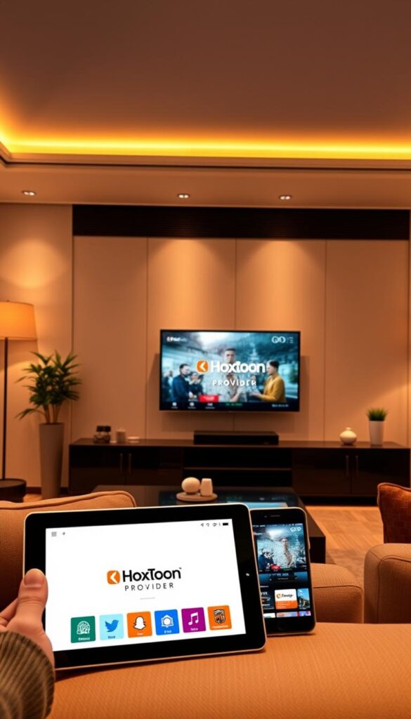 A modern living room interior with various electronic devices streaming content, showcasing the multi-device capabilities of the Hoxtoon Provider IPTV service. Sleek, high-end television, tablet, and smartphone devices are arranged in a visually pleasing layout, each displaying different streaming content. Warm, indirect lighting casts a cozy ambiance, while the room's minimalist design and neutral color palette create a sophisticated, tech-savvy atmosphere. The Hoxtoon Provider logo is subtly displayed on one of the devices, highlighting the brand's presence. The overall scene conveys the seamless, multi-platform streaming experience offered by the Hoxtoon Provider IPTV service.