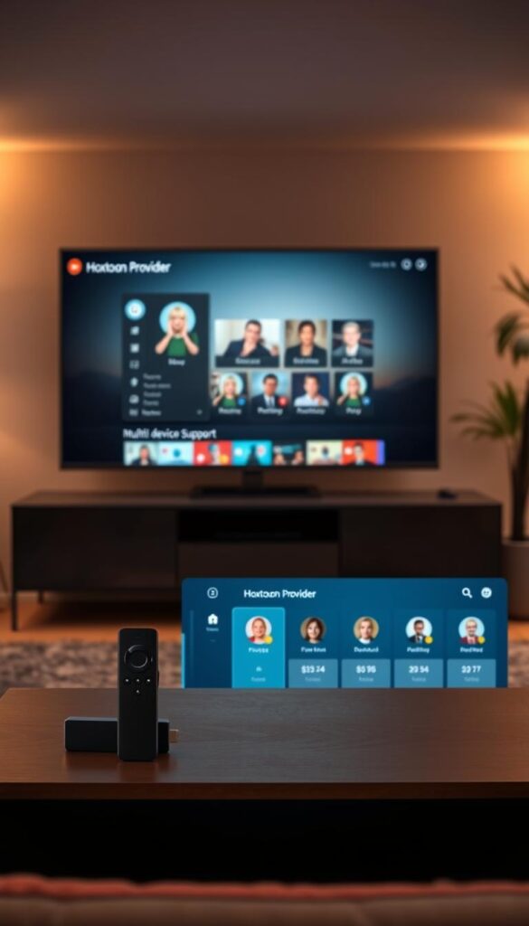 A modern living room setting with a Firestick 4K device prominently displayed on a sleek media console. The room is bathed in warm, ambient lighting, creating a cozy and inviting atmosphere. In the foreground, a Hoxtoon Provider interface is shown on a large, high-definition television screen, showcasing its multi-device support capabilities with several concurrent user profiles. The background features subtle, stylized wallpaper or artwork that complements the room's design. The overall composition conveys a sense of seamless integration between the Firestick 4K, the Hoxtoon Provider service, and the user's home entertainment setup.