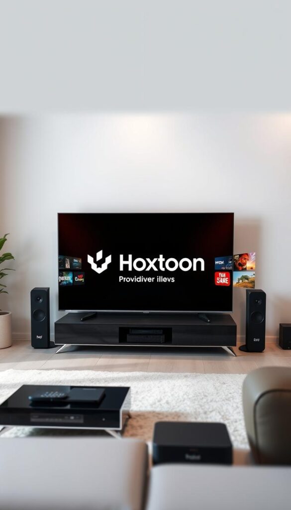 A modern living room setting with a large flatscreen TV displaying the Hoxtoon Provider logo, highlighting the live TV streaming service. The TV is surrounded by sleek home entertainment devices and accessories, creating a sophisticated tech-savvy atmosphere. Soft ambient lighting illuminates the scene, setting a calm and inviting mood. The composition emphasizes the ease and convenience of accessing a vast selection of live TV channels through the Hoxtoon IPTV platform, ready to be enjoyed in the comfort of one's own home.