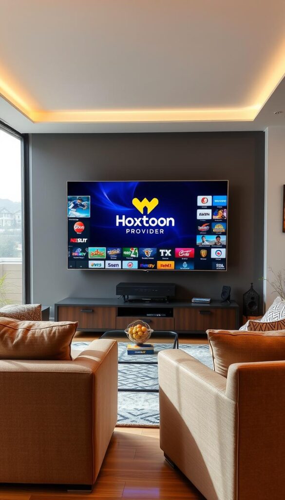 A modern living room setup with a large flatscreen TV displaying various sports channels, surrounded by comfortable seating, including a plush couch and armchair. The room is well-lit with a combination of overhead lighting and natural light streaming through large windows. The "Hoxtoon Provider" logo is subtly displayed on the TV screen, reflecting the article's focus. The atmosphere is cozy and inviting, creating a pleasant environment for sports enthusiasts to enjoy their favorite channels online.