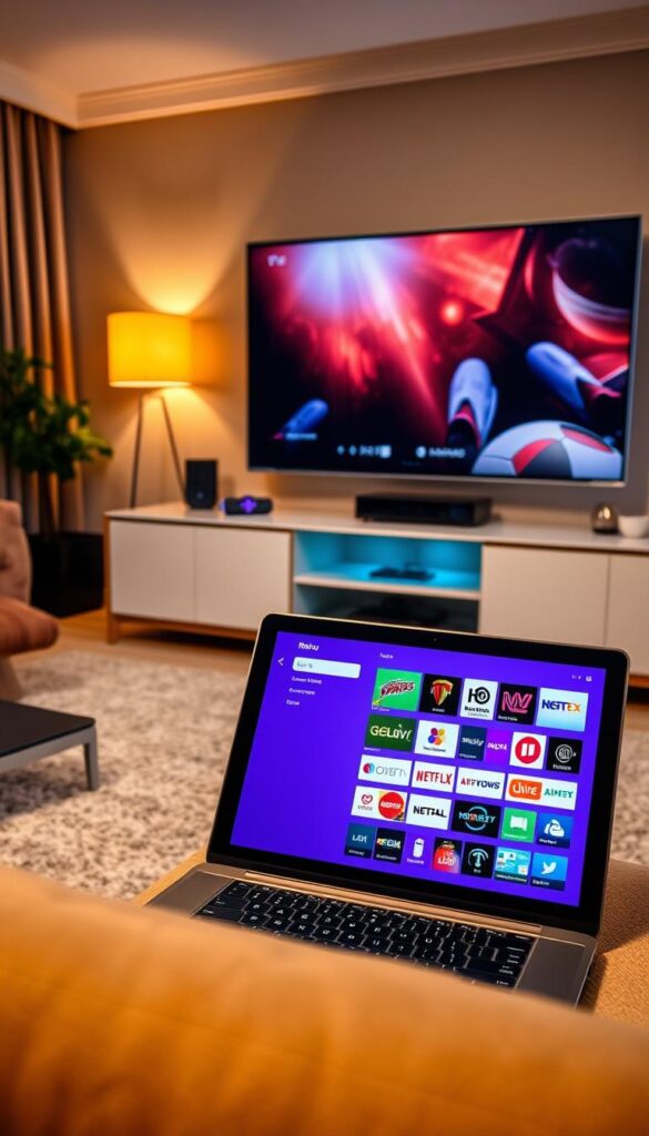 A modern living room with a Roku streaming device prominently displayed on a sleek entertainment center. The room is bathed in warm, ambient lighting, creating a cozy and inviting atmosphere. In the foreground, a laptop or tablet is open, showcasing the "Hoxtoon Provider" IPTV service, with its user-friendly interface and a diverse selection of live channels. The background features a large, high-definition television screen, displaying a vibrant and engaging IPTV experience. The overall scene conveys the convenience and quality of the "Hoxtoon Provider" IPTV service for Roku, highlighting its seamless integration into a modern, tech-savvy living space.