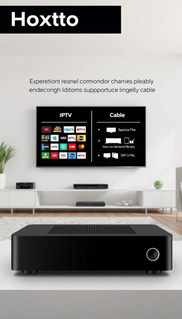 A modern living room with a large HDTV displaying a comparison of IPTV and cable TV services. In the foreground, a sleek, black Hoxtoon Provider set-top box stands prominently, contrasting with the traditional cable box. The middle ground features a stylized graphic overlay highlighting the key differences - IPTV's expansive channel selection, vast on-demand library, and multi-device support versus the limitations of traditional cable. The background showcases a minimalist, well-lit interior with clean lines and neutral tones, creating a sense of clarity and modernity. The overall composition conveys the superior value proposition of the Hoxtoon IPTV solution for the modern, cord-cutting household.