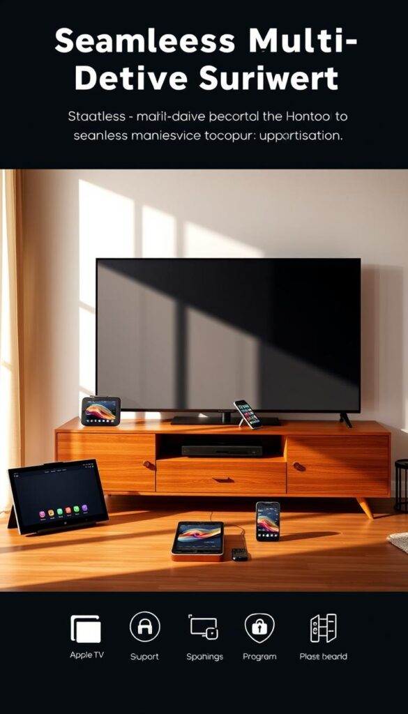 A modern living room with a large TV and various smart devices showcasing seamless multi-device support with the Hoxtoon IPTV Provider. The room has warm, natural lighting, and the devices are displayed elegantly on a minimalist wooden TV stand. The TV shows a clear, high-definition image, and the other devices, such as a tablet and a smartphone, are neatly arranged around it, all connected and in use. The overall scene conveys a sense of integrated technology and a premium home entertainment experience.