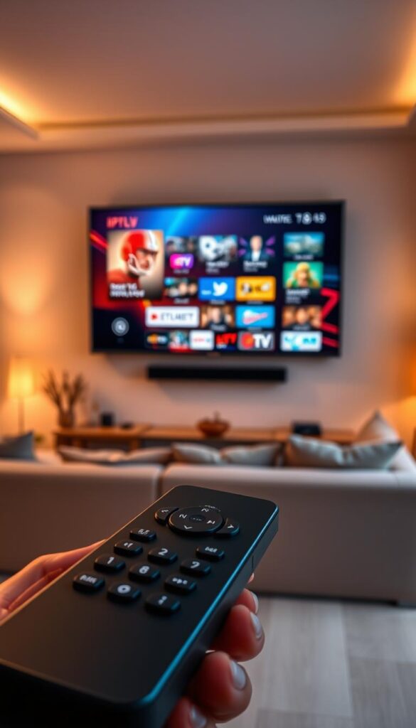 A modern living room with a large flat-screen TV mounted on the wall, displaying a vibrant and immersive IPTV service interface. The room is bathed in warm, ambient lighting, creating a cozy and inviting atmosphere. In the foreground, a sleek, minimal-design remote control is prominently featured, symbolizing the ease of access to the Hoxtoon Provider IPTV service. The middle ground showcases a comfortable sofa and a coffee table, suggesting a relaxed and enjoyable entertainment experience. The background depicts a large window overlooking a cityscape, hinting at the boundless possibilities of accessing premium IPTV channels from the comfort of one's home.