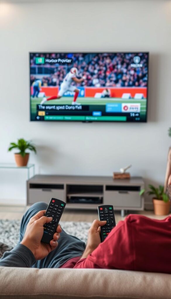 A modern living room with a large flat-screen TV on the wall, displaying a live sports broadcast. In the foreground, a person is lounging on a comfortable couch, using a Hoxtoon Provider remote control to navigate the IPTV interface. The room is softly lit, creating a cozy and relaxed atmosphere. The background features a bookshelf and some houseplants, suggesting a well-appointed and organized space. The overall scene conveys the ease and convenience of streaming live sports for free using the Hoxtoon Provider IPTV service.