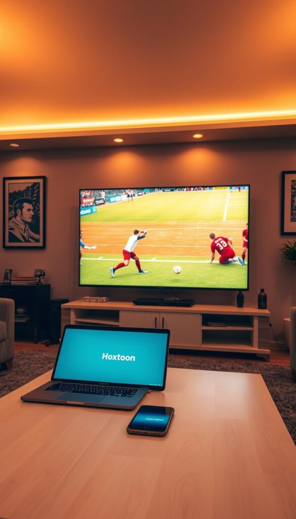 A modern living room with a large flat-screen TV prominently displaying a live sports event. The room is bathed in warm, ambient lighting, creating a cozy and inviting atmosphere. On the coffee table in front of the TV, a laptop and a smartphone are positioned, suggesting the viewer is accessing the "Hoxtoon Provider" IPTV service to watch the game. The room is decorated with sports-themed artwork and memorabilia, further emphasizing the sports viewing experience. The overall composition conveys the ease and convenience of streaming sports content through the Hoxtoon IPTV platform.