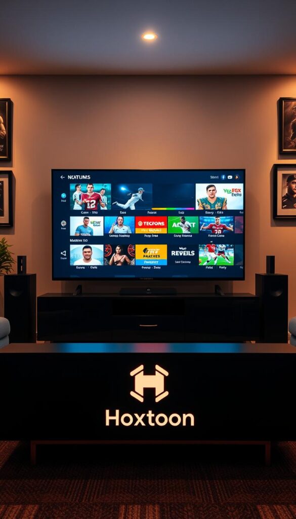 A modern living room with a large flat-screen TV prominently displaying various sports channels and streaming services. In the foreground, a sleek, minimalist media console with the Hoxtoon Provider logo prominently displayed. The room is bathed in warm, ambient lighting, creating a cozy and immersive atmosphere for sports enthusiasts. The walls are adorned with sports memorabilia and framed posters, complementing the high-tech setup. The overall scene conveys a sense of comfort, entertainment, and the ability to access a wide range of live sports content through the Hoxtoon Provider platform.