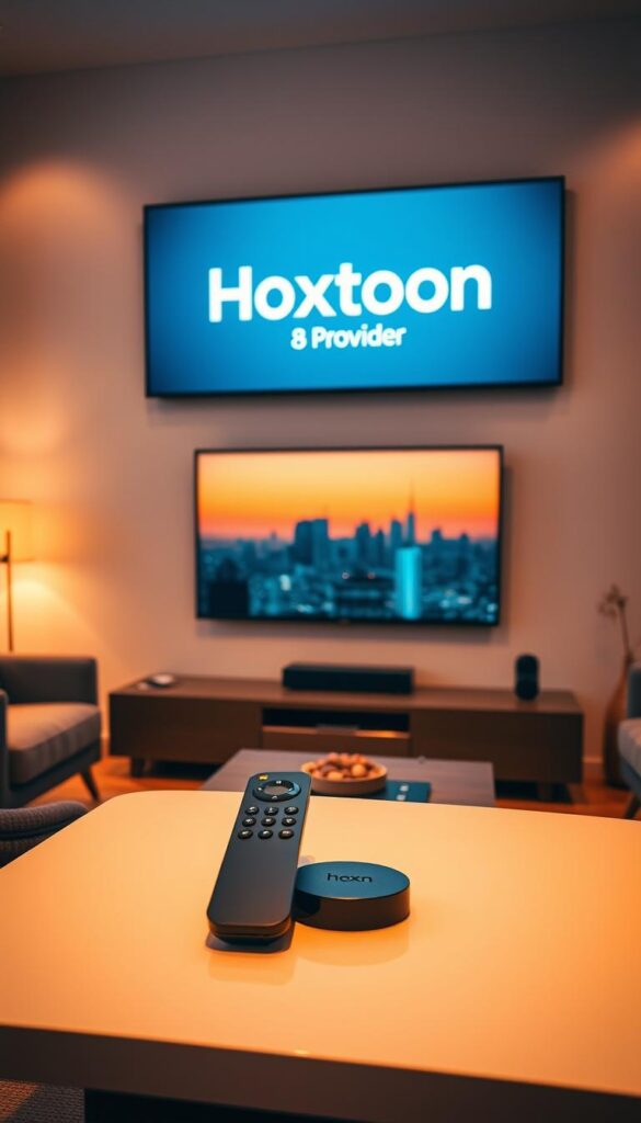 A modern living room with a large flatscreen TV mounted on the wall, displaying the Hoxtoon Provider logo. In the foreground, a sleek remote control and a streaming device, symbolizing the evolution of TV viewing. The room is bathed in warm, ambient lighting, creating a cozy and inviting atmosphere. The walls are adorned with minimalist decor, hinting at a sophisticated and tech-savvy lifestyle. Through the window, a cityscape can be seen, representing the digital age and the changing landscape of entertainment consumption.