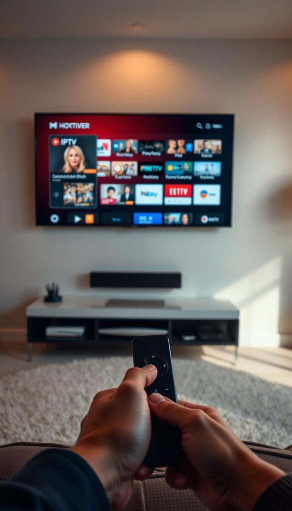 A modern living room with a large flatscreen TV mounted on the wall. On the TV screen, the Hoxtoon Provider app is prominently displayed, its sleek user interface showcasing a variety of IPTV channels and content. In the foreground, a person's hands are interacting with a Firestick remote, navigating the app's menus. Soft, warm lighting illuminates the scene, creating a cozy and inviting atmosphere. The room is minimalist and uncluttered, allowing the focus to remain on the Hoxtoon Provider app and the Firestick setup process.